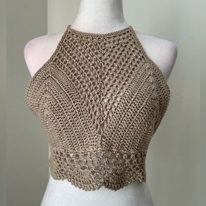 Atmosphere Tan Crochet Knitted Halter Crop Top, Size M
